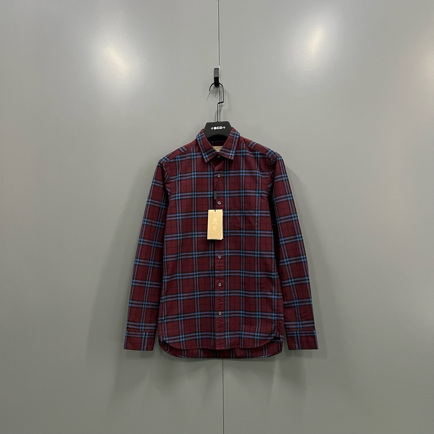 99新 BURBERRY/博柏利 h91  酒红色格纹长袖衬衫 XS码 016000