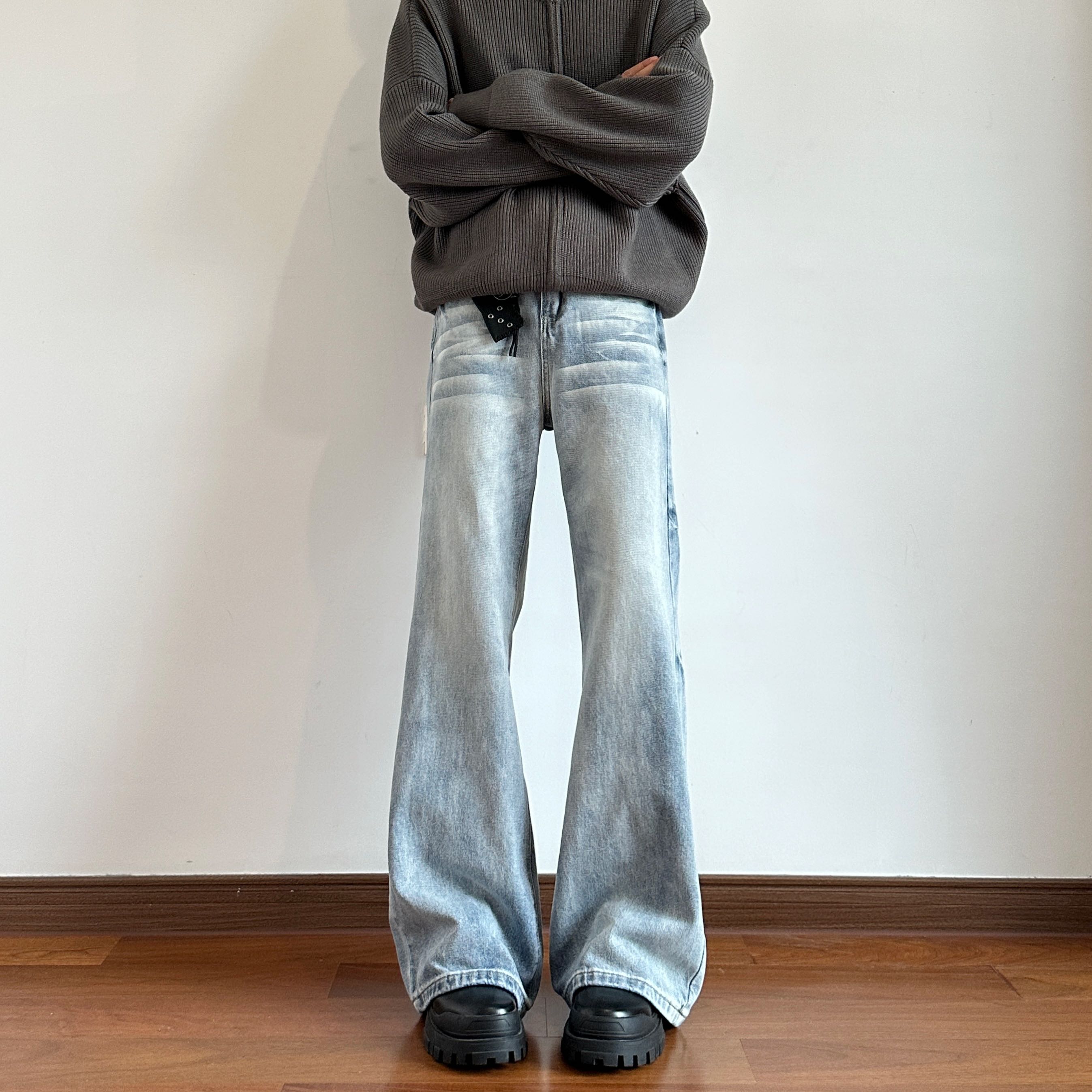 麻瓜兄弟水洗浅蓝微喇牛仔裤男士春秋宽松休闲显瘦美式潮牌裤子