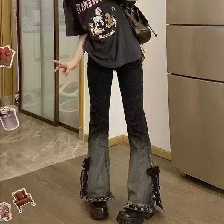 LL琳复古开叉微喇叭马蹄渐变色牛仔裤高腰修身拖地阔腿裤子99118