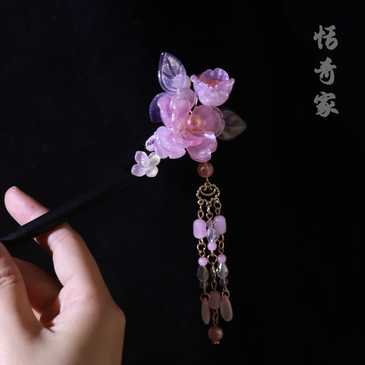 恬奇家a724“粉色桃花”高定流苏木质发簪原创设计新中式百搭日常