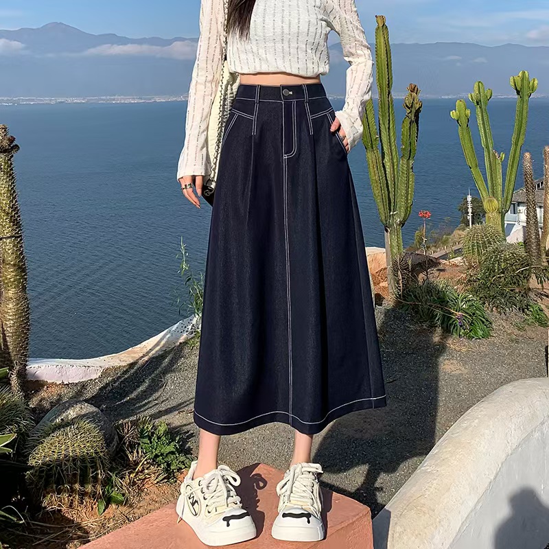 二哥二嫂【6006】春秋薄款休闲时尚百搭宽松纯色牛仔半裙