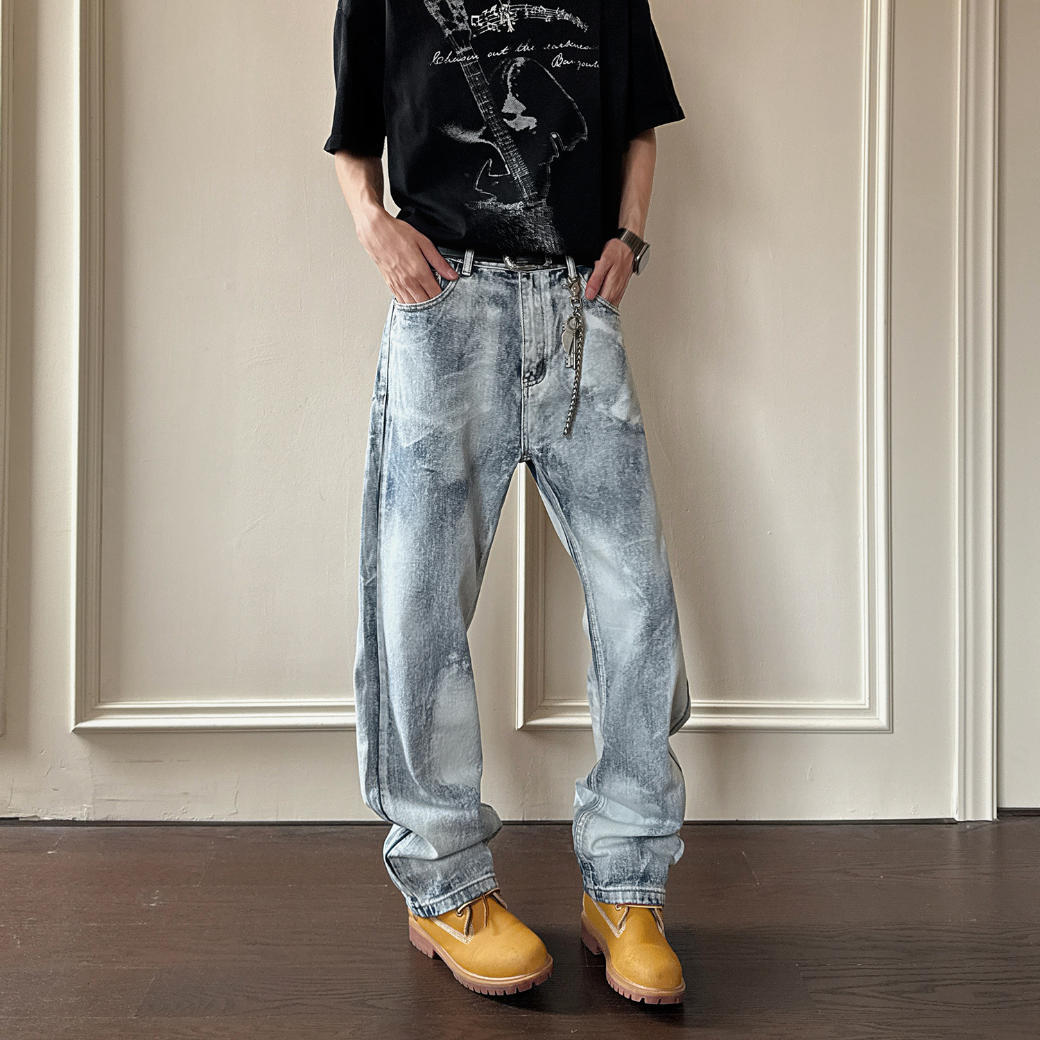 YearnObtainRainbow夏季薄款男裤直筒宽松水洗扎染拉链复古休闲