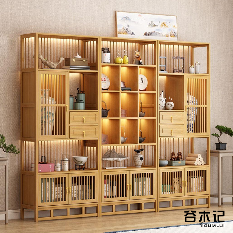 中式博古架实板原色茶架子展示柜茶室置物架九宫格屏风隔断