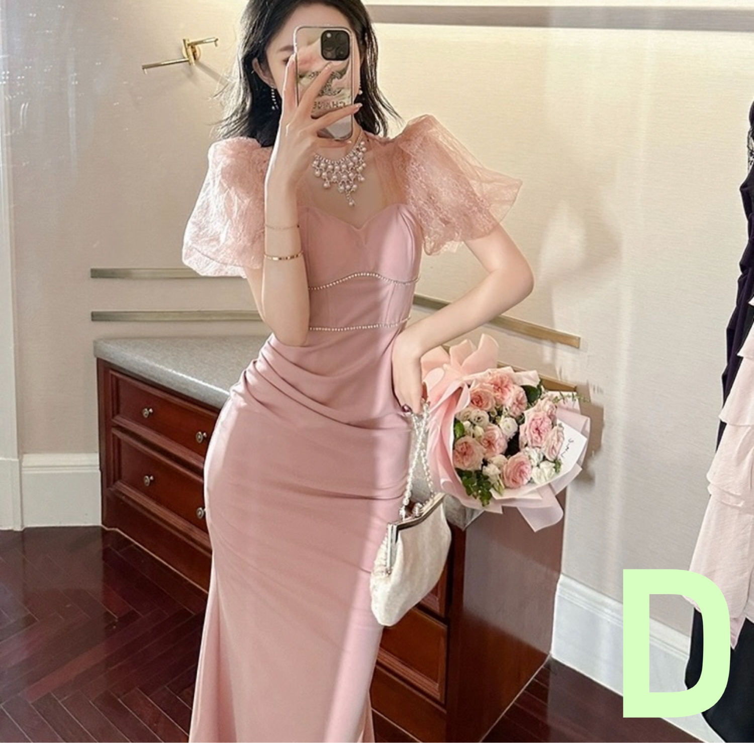 D.夏季新款名媛风褶皱泡泡袖方领拼接鱼尾气质连衣裙