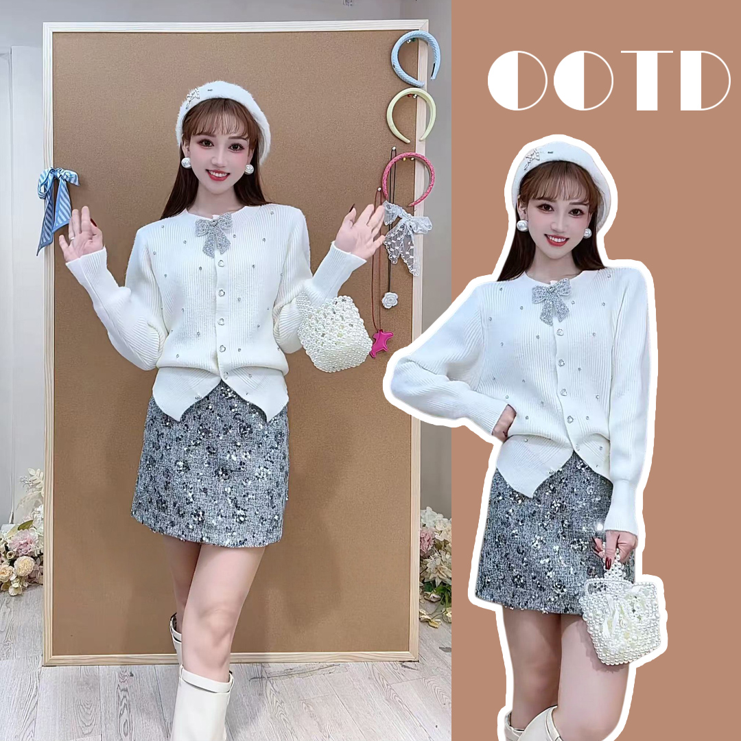 【两件套】B81秋冬甜美加厚带钻毛衣针织+亮片半身裙套装时尚套装