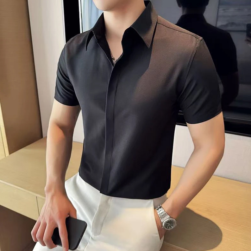 2025夏季短袖衬衫男士时尚简约纯色百搭商务白色薄款帅气新款英伦