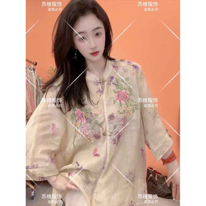 【锦鲤】8186夏季新款苎麻中式立领刺绣中袖清凉气质时尚上衣