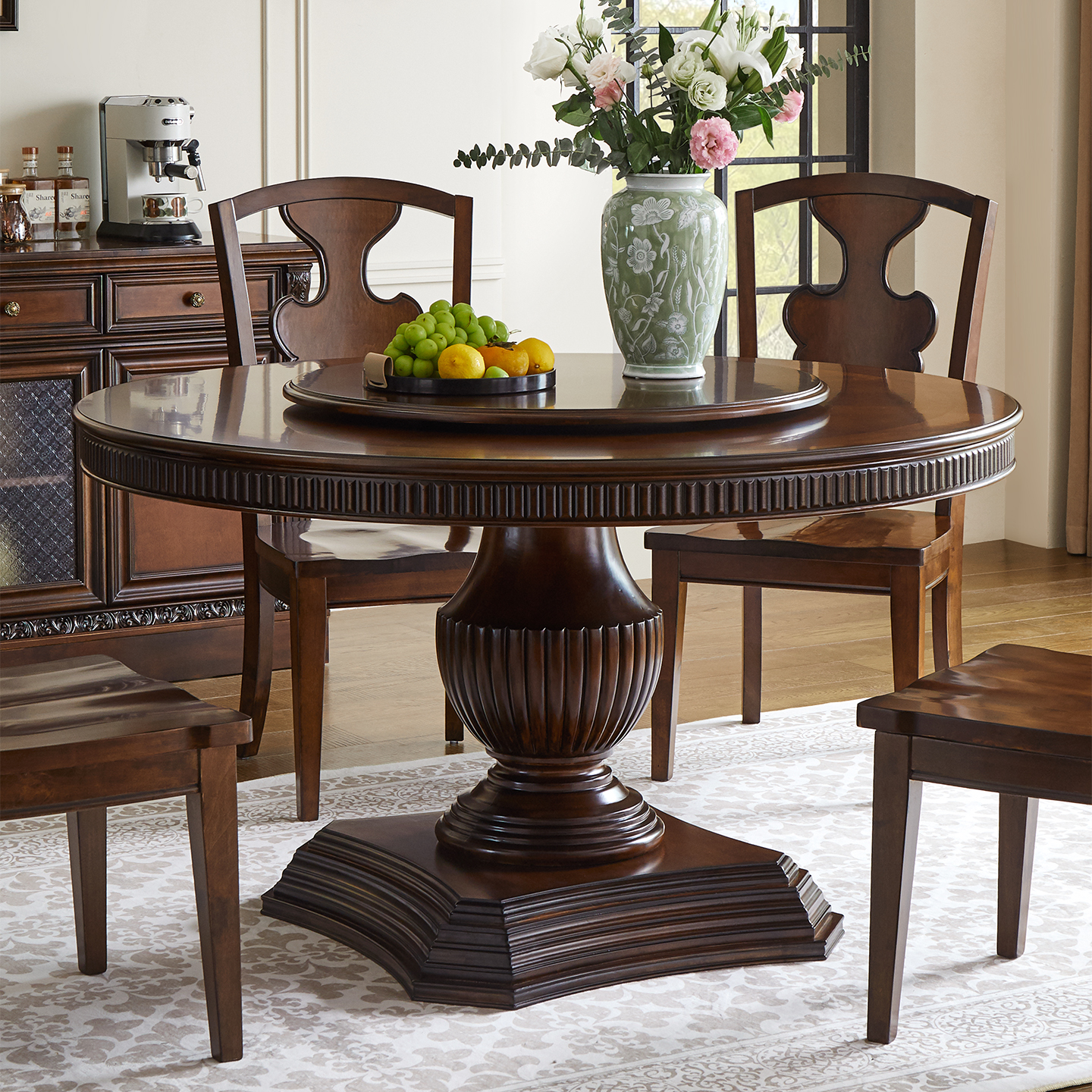 美式圆餐桌椅组合纯实木1.5米别墅圆桌餐厅家具1.4米雕花圆形桌子