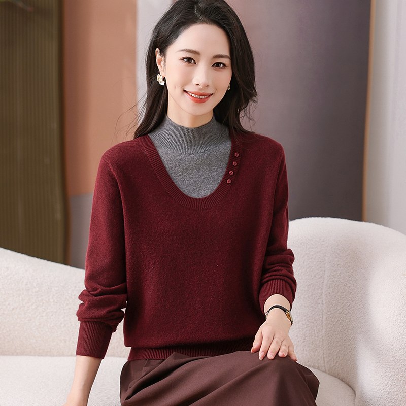 假两件毛衣女半高领时尚妈妈针织打底衫秋冬洋气拼色针织衫35465