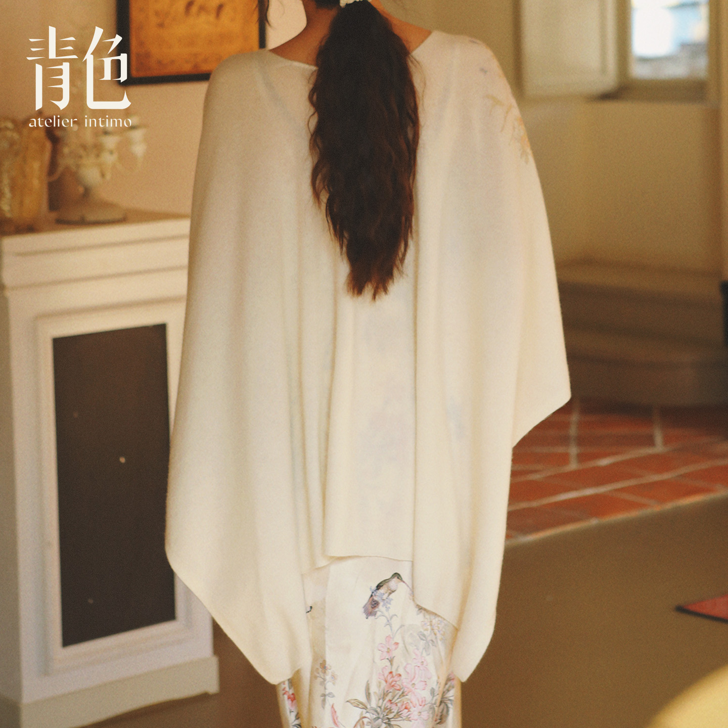 atelier intimo/青色【醉花阴羊绒印花披肩】山羊绒秋冬经典百搭