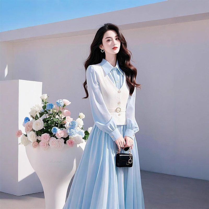 2025早春穿搭一整套女装减龄时尚浅蓝色衬衫连衣裙马甲职业套装