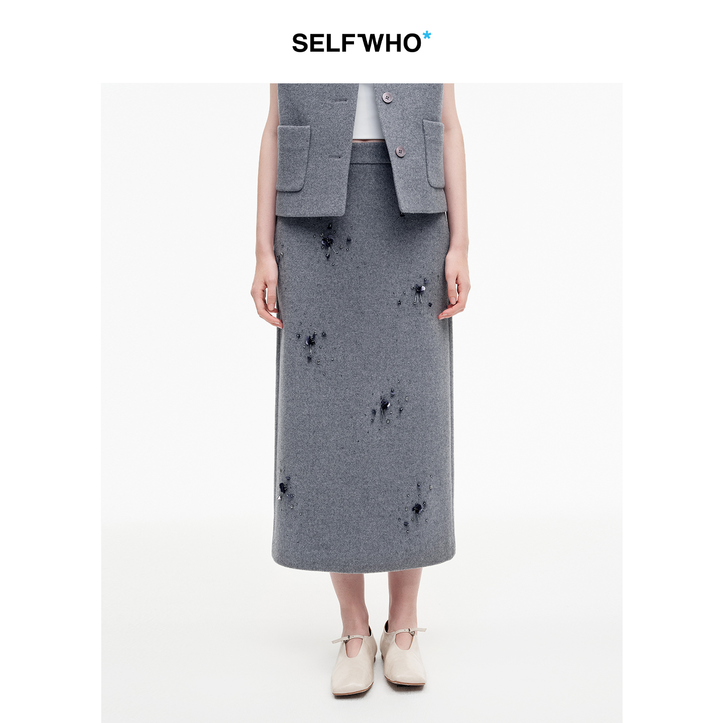 SELFWHO100%绵羊毛钉珠珠片半身裙女2025秋季新款H型直筒开衩半裙