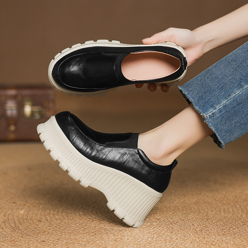 羊皮/8cm/春秋百搭黑色真皮复古厚底英伦风圆头时尚休闲高跟单鞋