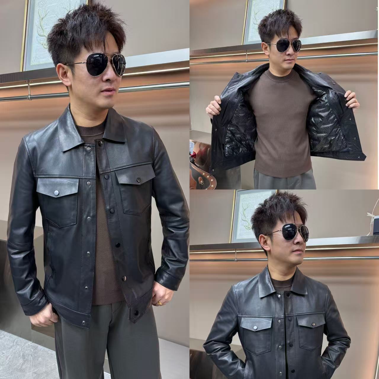 黑金山羊皮男士翻领皮衣冬款鹅绒内胆男士百搭时尚经典黑色7061