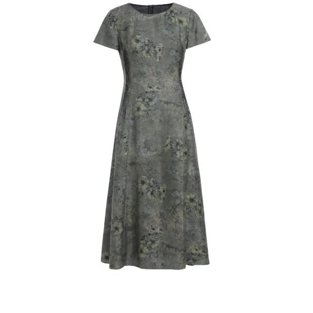 L·W/画而诗新款圆领印花轻奢贵妇短袖收腰连衣裙LBB65087S