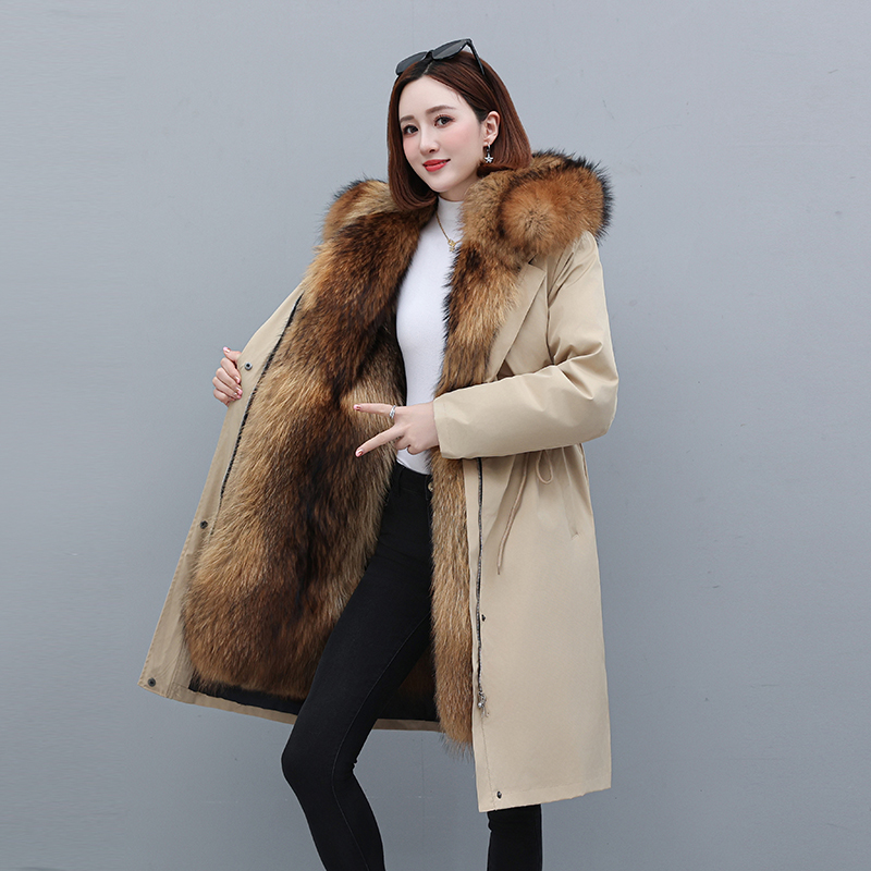 冬季女款派克服水洗可脱卸加绒内胆连帽派克外套加厚长款保暖大衣