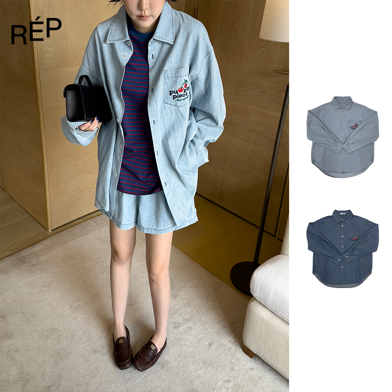 REP-Puzzle piece设计师品牌浅/深蓝色樱桃刺绣牛仔口袋衬衫 25SS