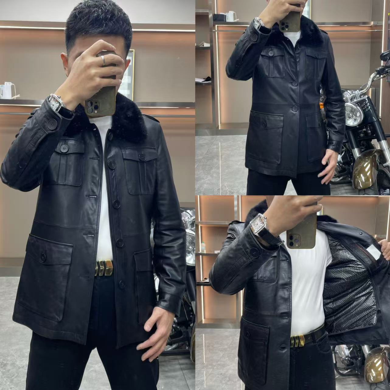 头层黑金山羊皮男士貂领羽绒内胆收腰中长款皮衣328