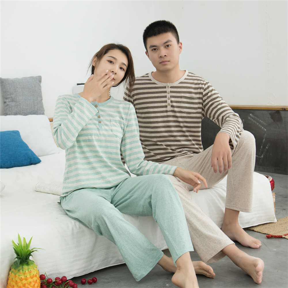 天竺棉情侣款春秋女士薄款家居服条纹睡衣男女纯棉两件套长袖长裤