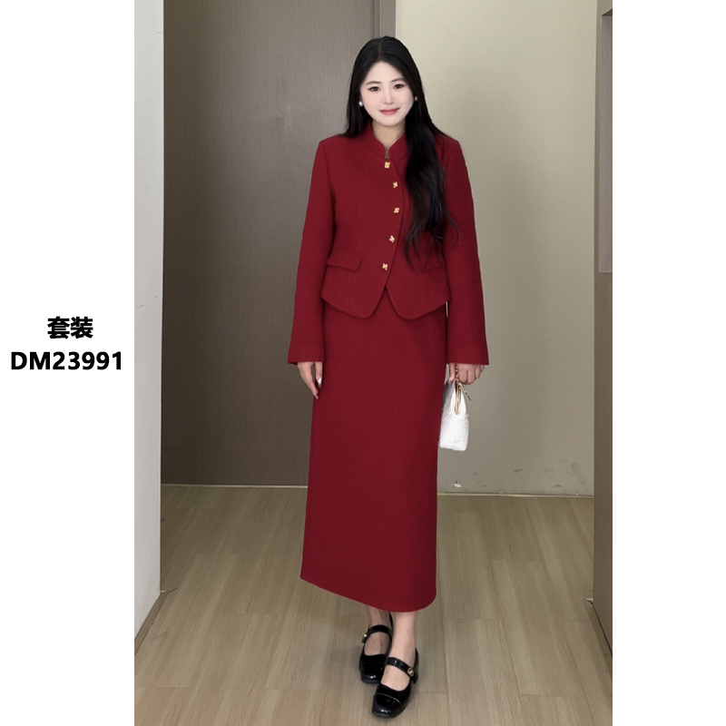 现货【醉红颜】冬国风立领弧形门襟气质显瘦保暖羽绒服套装DM23991
