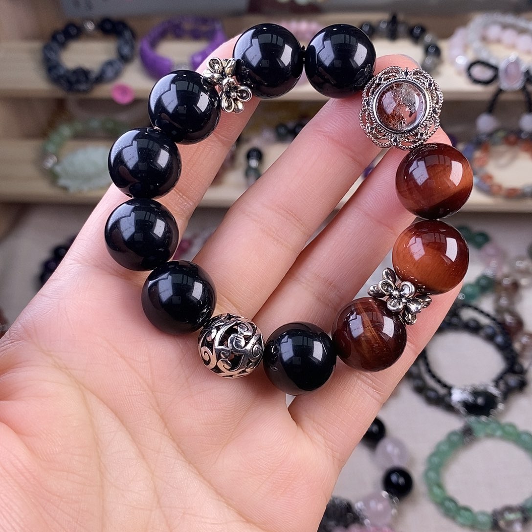 玛瑙/玉髓手链未镶嵌16毫米虎眼石幽灵黑曜石