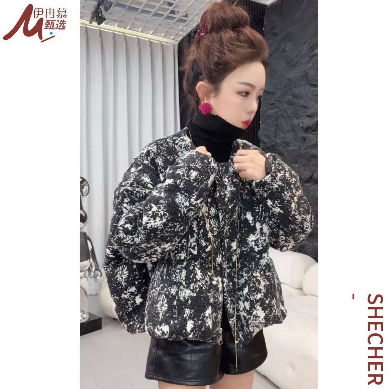 【伊冉慕】拉链公主风厚款无领冬季印花羽绒服休闲韩版89015-1