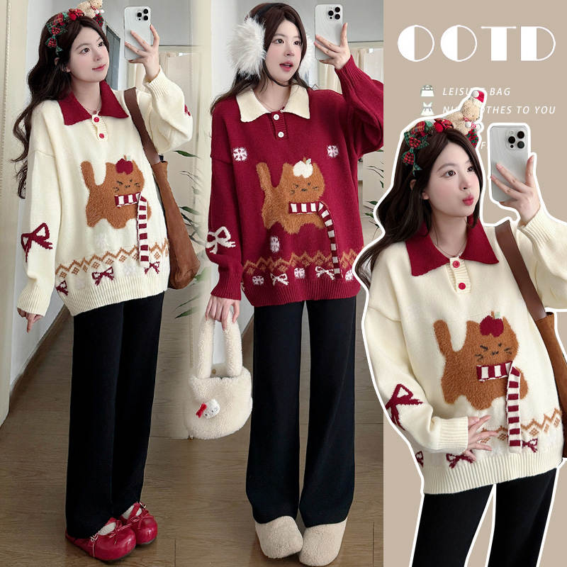 【晴晴】孕妇毛衣冬季加厚2025新款时尚减龄猫咪polo领针织上衣冬装