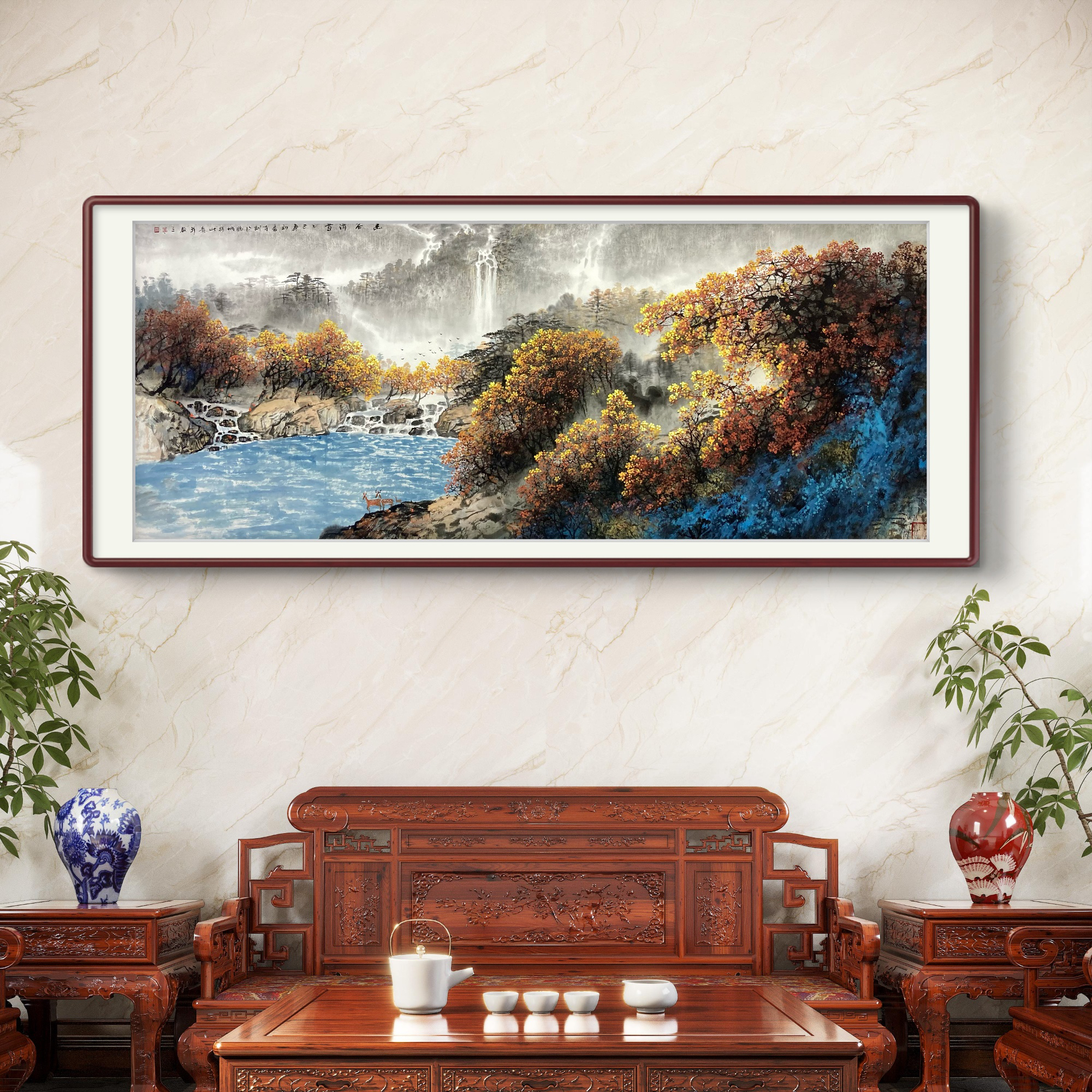 国画手绘作品原创红山水精品水墨画写意画藏品空间山水画纯手绘