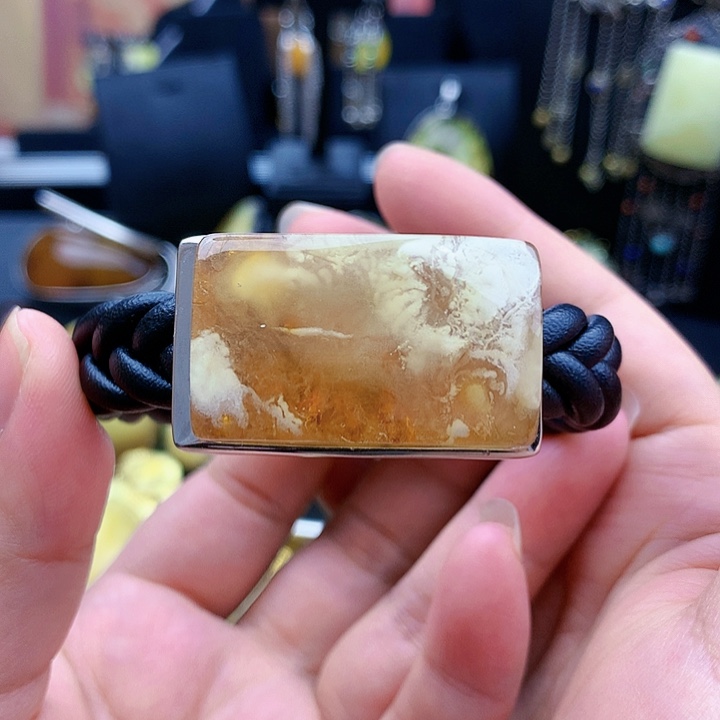 琥珀裸石银S925镶嵌余***?手镯