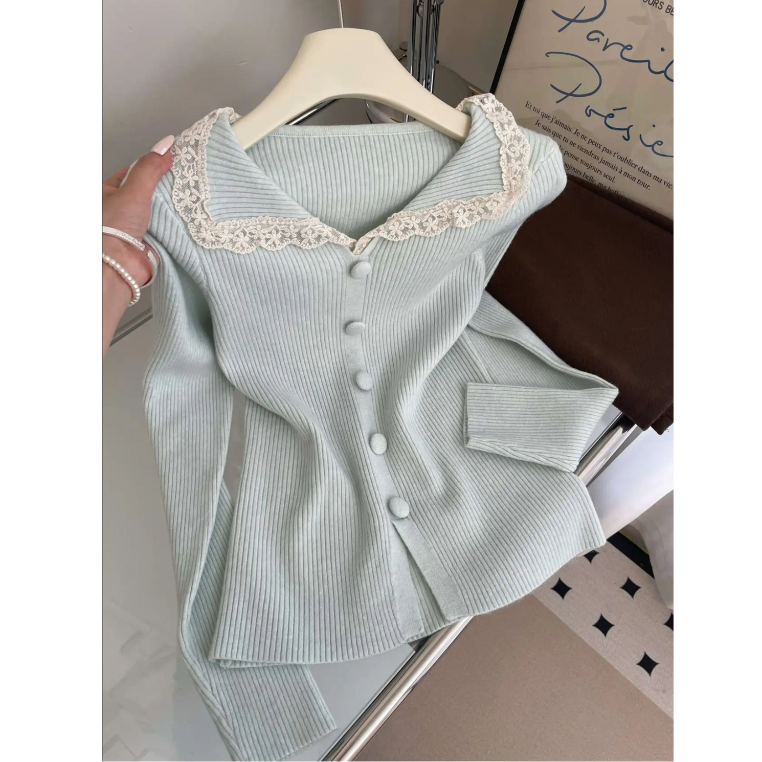 9376大码胖mm蕾丝拼接针织衫毛衣女秋冬打底衫内搭高级感减龄上衣