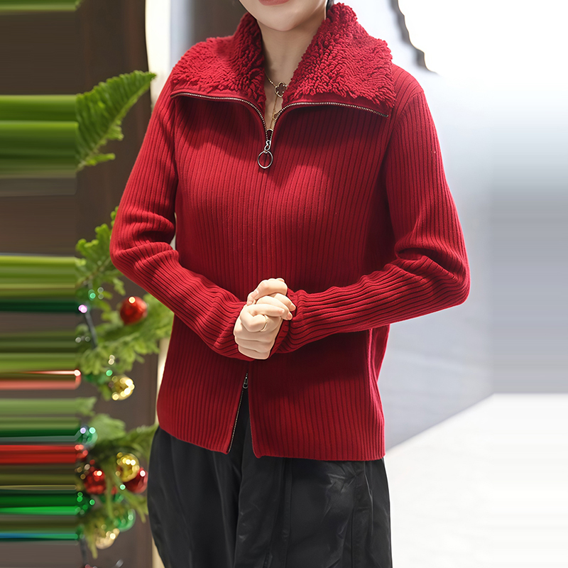 新年红色翻领双拉链毛领针织衫外套女秋冬季高级感软糯毛衣上衣