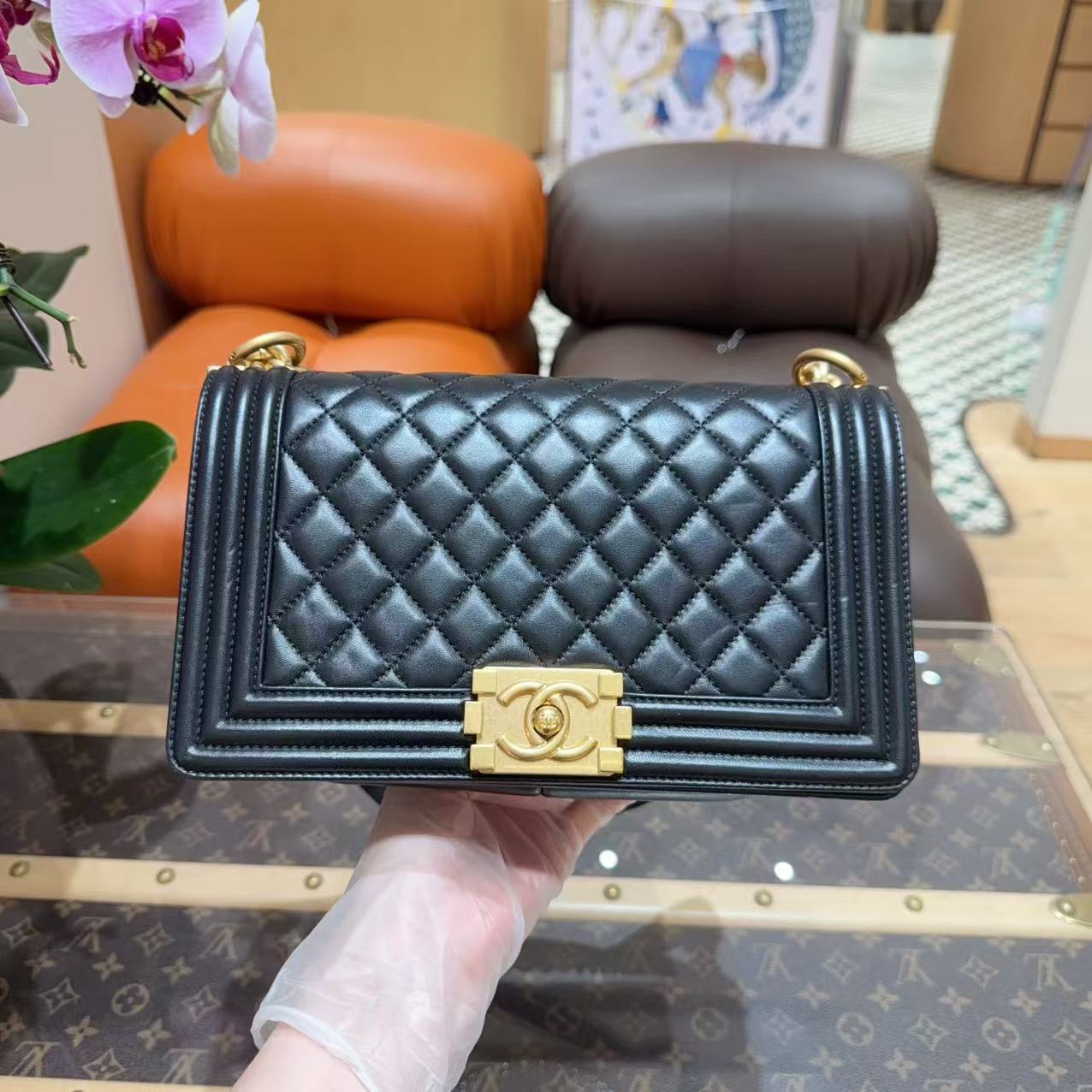 99新 Chanel/香奈儿 Leboy黑金 羊皮中号单肩斜挎包