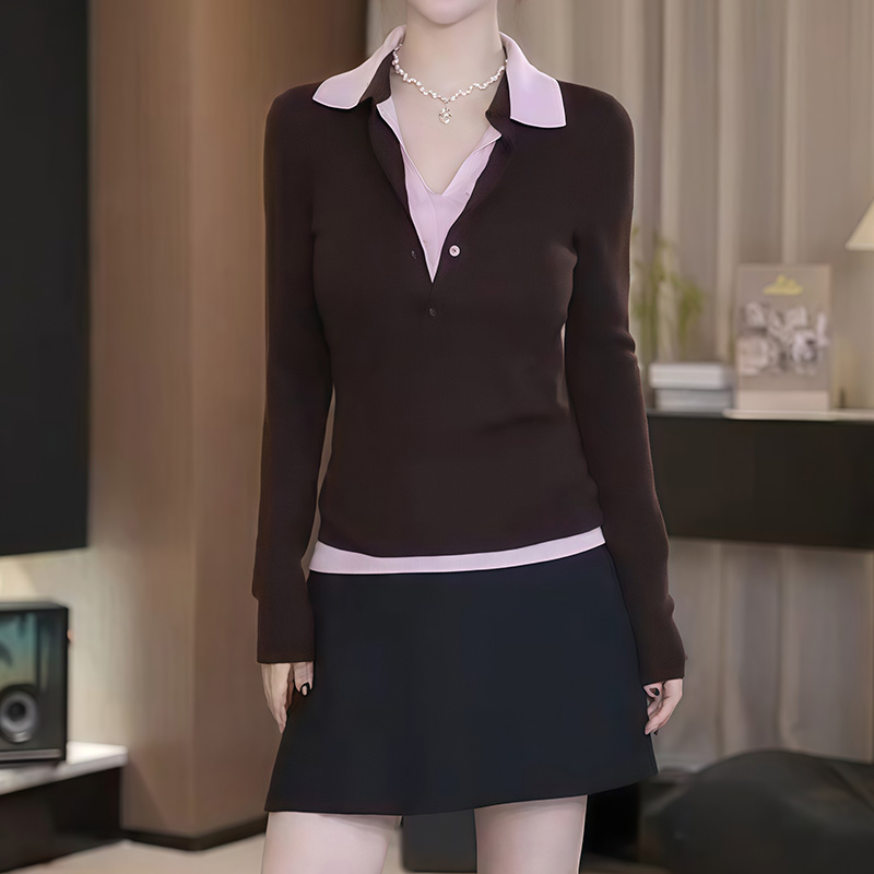 2025秋冬新款时尚气质翻领撞色设计感长袖针织打底衫女百搭上衣潮