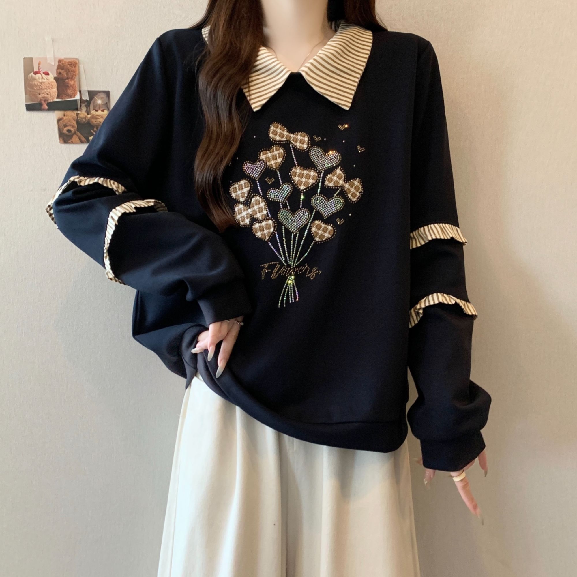 大码假两件条纹拼接娃娃领卫衣女春秋微胖MM宽松显瘦百搭洋气上衣