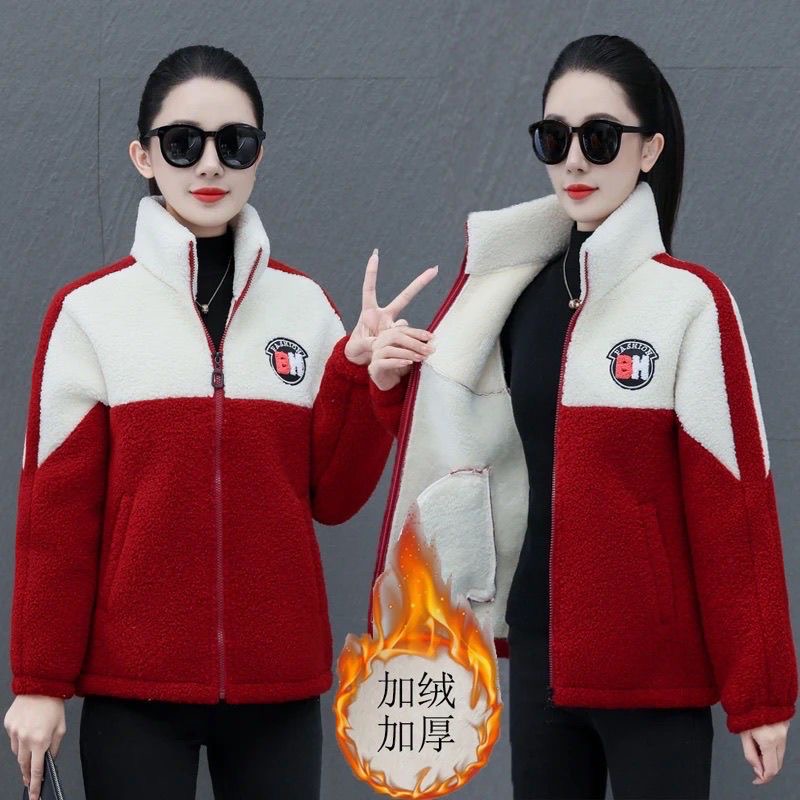 2025秋冬新款加绒加厚颗粒绒外套女士拼色立领减龄北极绒厚外套