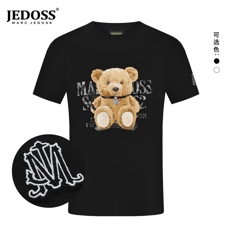 JEDOSS/爵迪斯2025短袖男款LOGO熊仔胶印圆领修身宽松T恤上衣黑色
