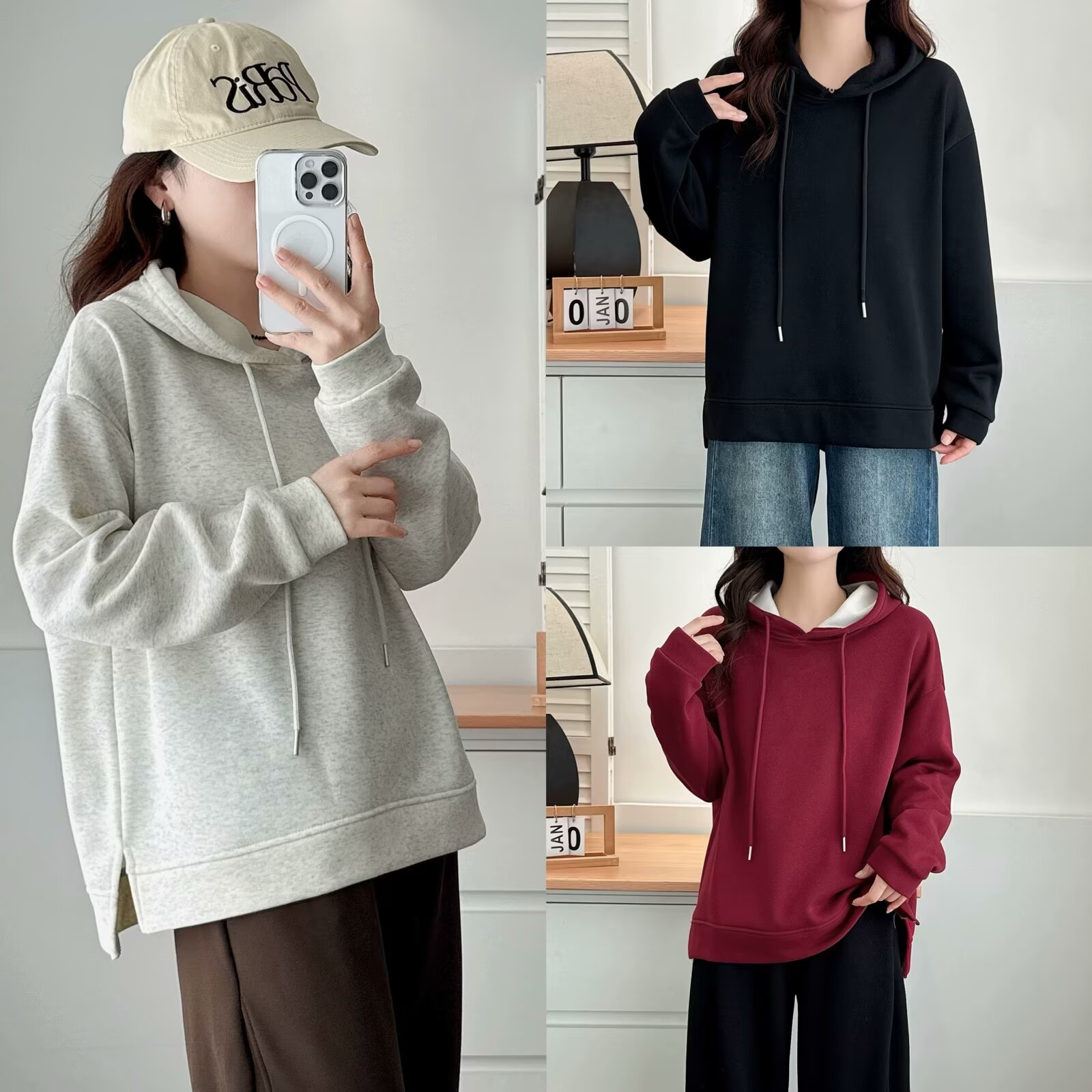 YN8212简约百搭配侧开叉帽衫大码女装连帽加绒卫衣韩版休闲上衣