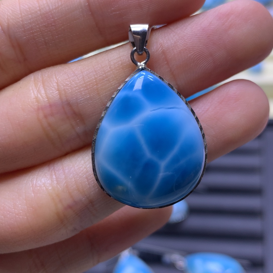 针钠钙石（海纹石）银S925镶嵌吊坠(不含链)水滴吊坠色差略异