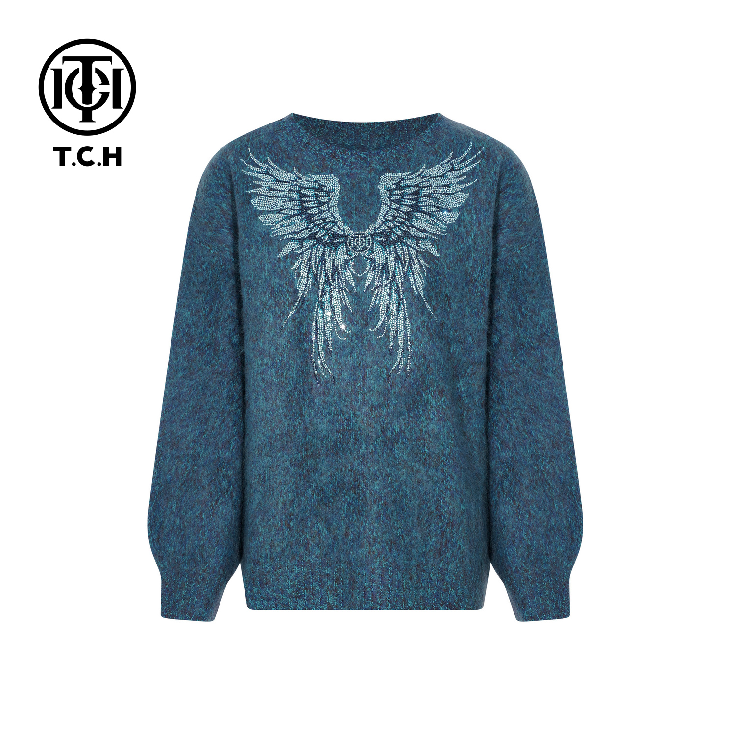 TCH-时尚潮牌翅膀烫钻蓝色针织衫T75D09E1261