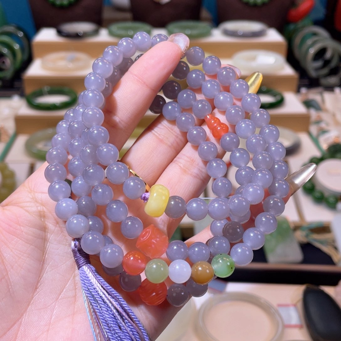 和田玉高品烟紫108未镶嵌