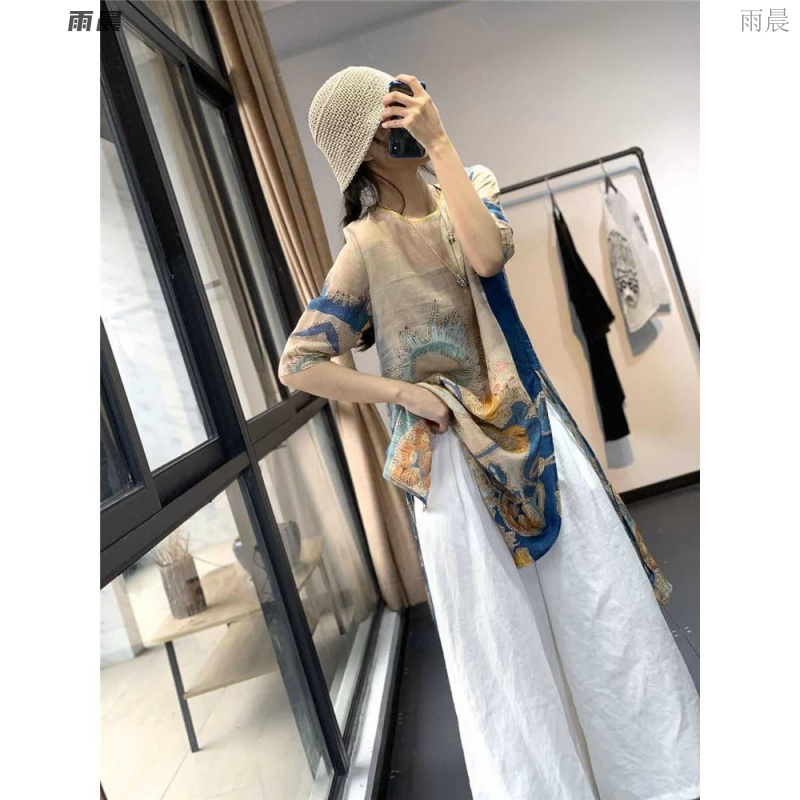棉麻女装夏季民族风复古印花T恤上衣宽松大码仙气中长款开叉衬衫