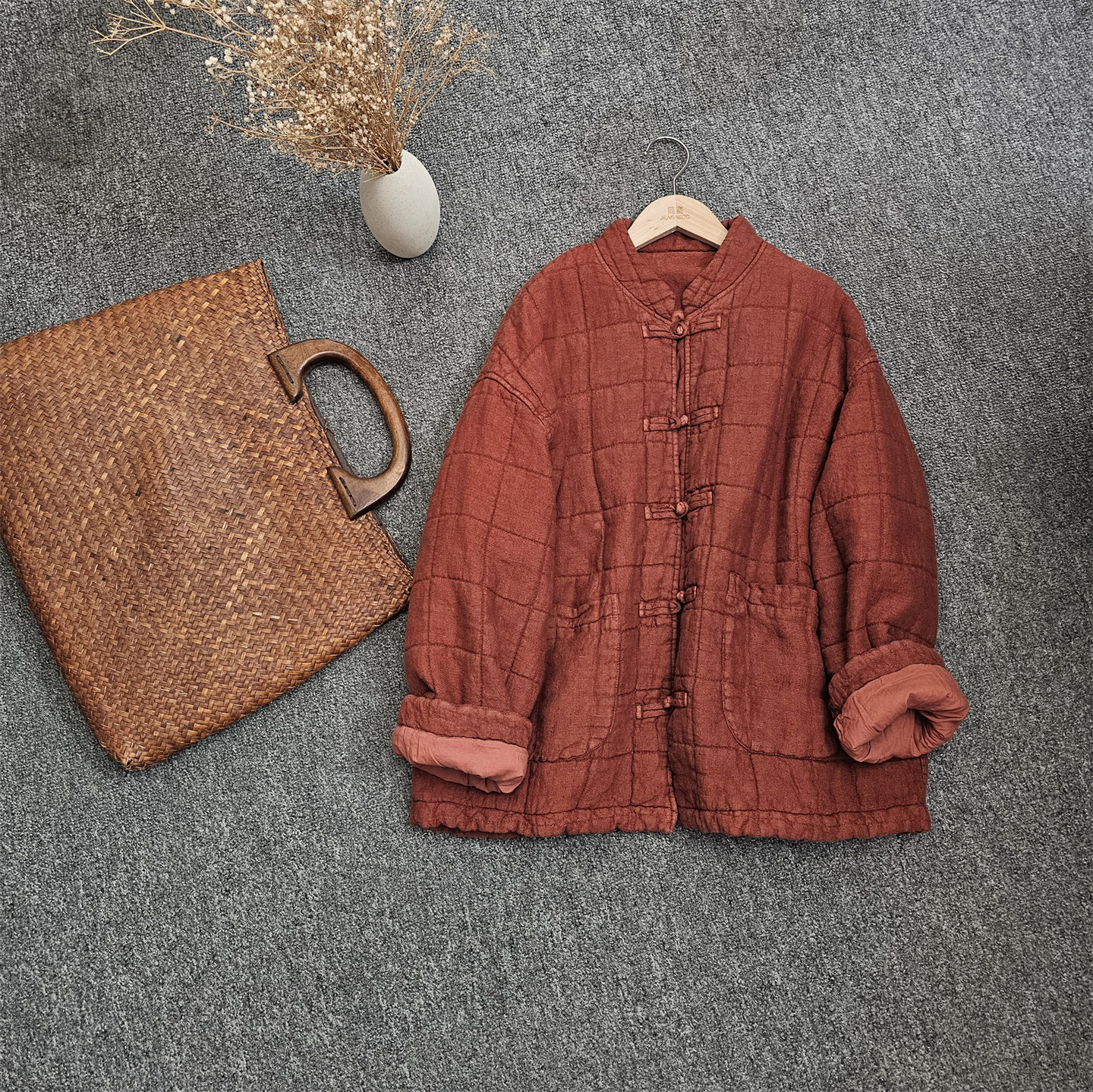 新中式格纹亚麻对襟盘扣贴布口袋V领夹棉短款棉衣冬季新款棉服女