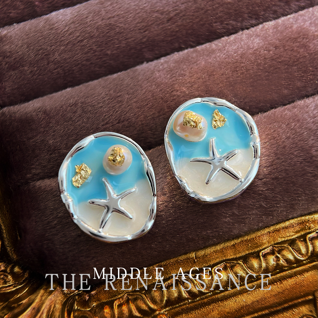 铜合金耳饰 莫奈梵高vintage中古风珐琅滴油珍珠耳钉艺术油画感