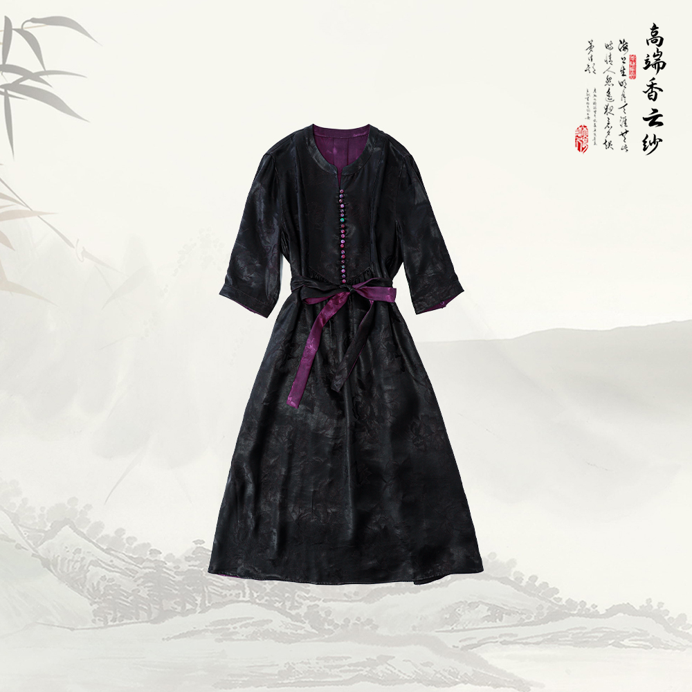 【紫檀】品牌新款香云纱圆领排扣气质舒适连衣裙529597