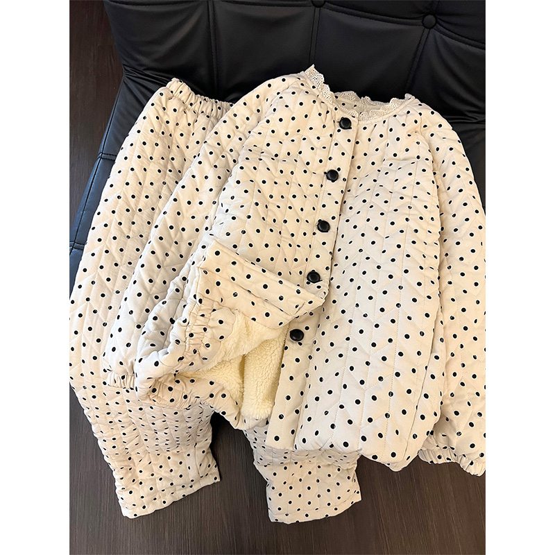 甜美软糯可爱少女拼接波点印花夹棉睡衣女秋冬新款保暖家居服套装