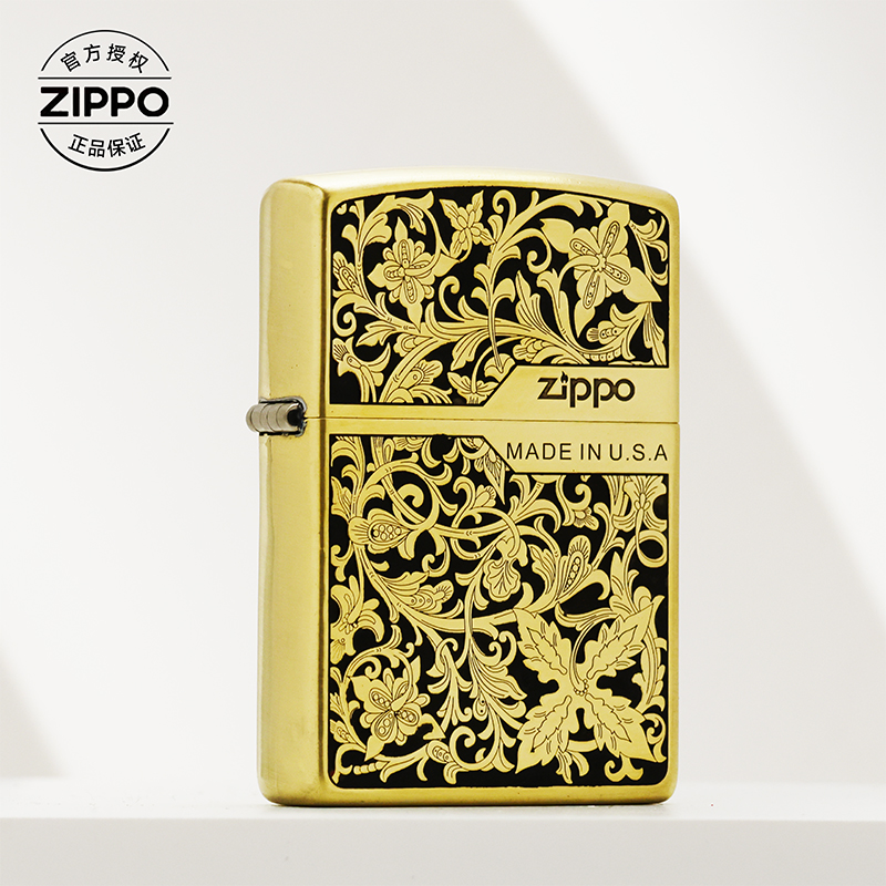 ZIPPO/之宝打火机常规凹底【黑金繁花富贵唐草】原装正品煤油机DYJ1