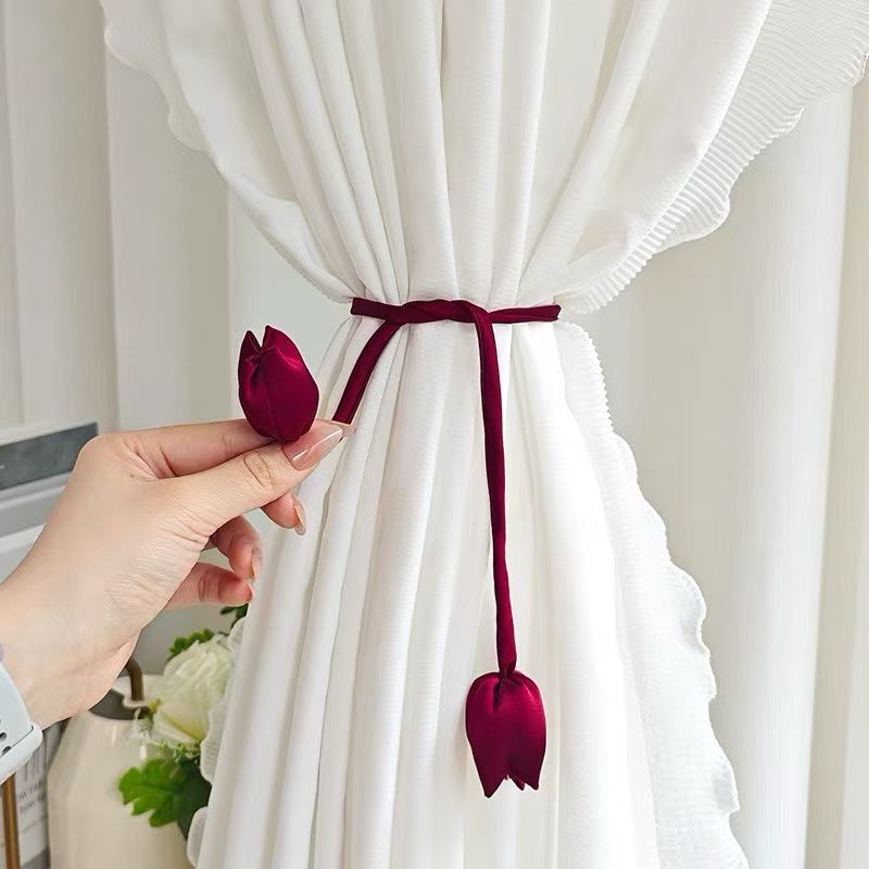 新款酒红米黑法式高级感郁金香花朵可调节窗帘绑带纱帘收纳束带