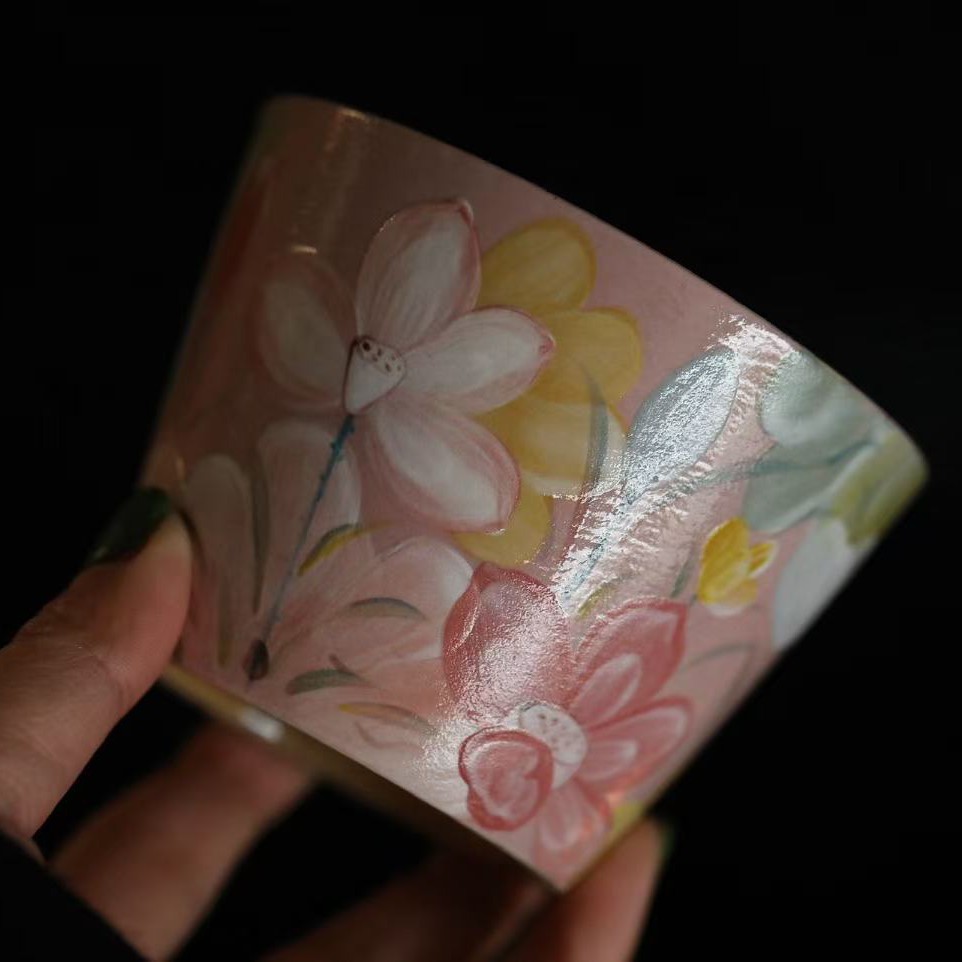 当代 粉汝窑草莓兔花口小客杯女士陶瓷小容量茶杯咖啡杯中式创意