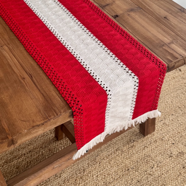 《禧筵》纯棉流苏钩花桌旗(轻微掉浮色）