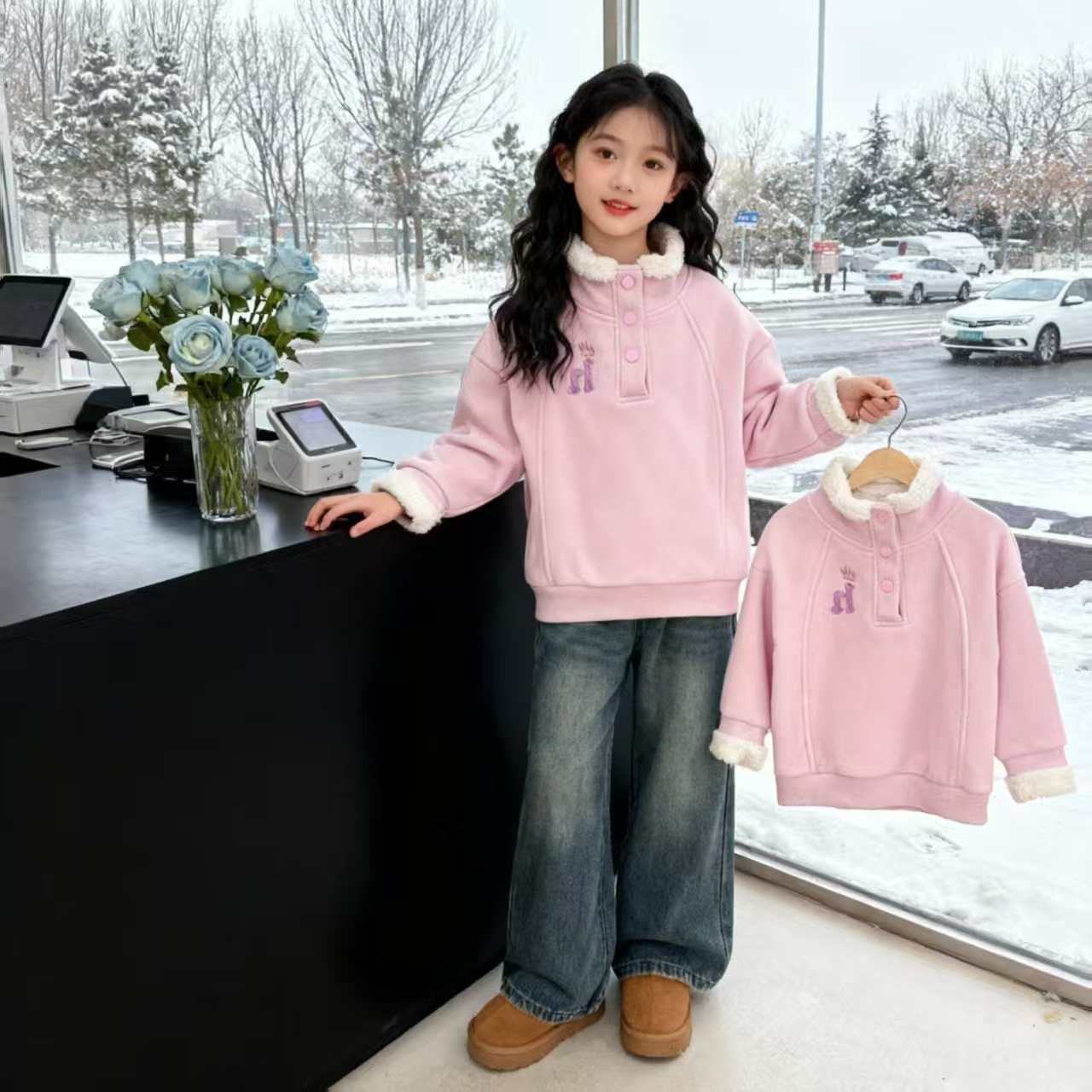 女童冬季卫衣2025新款女孩休闲洋气时髦加绒加厚保暖百搭卫衣潮